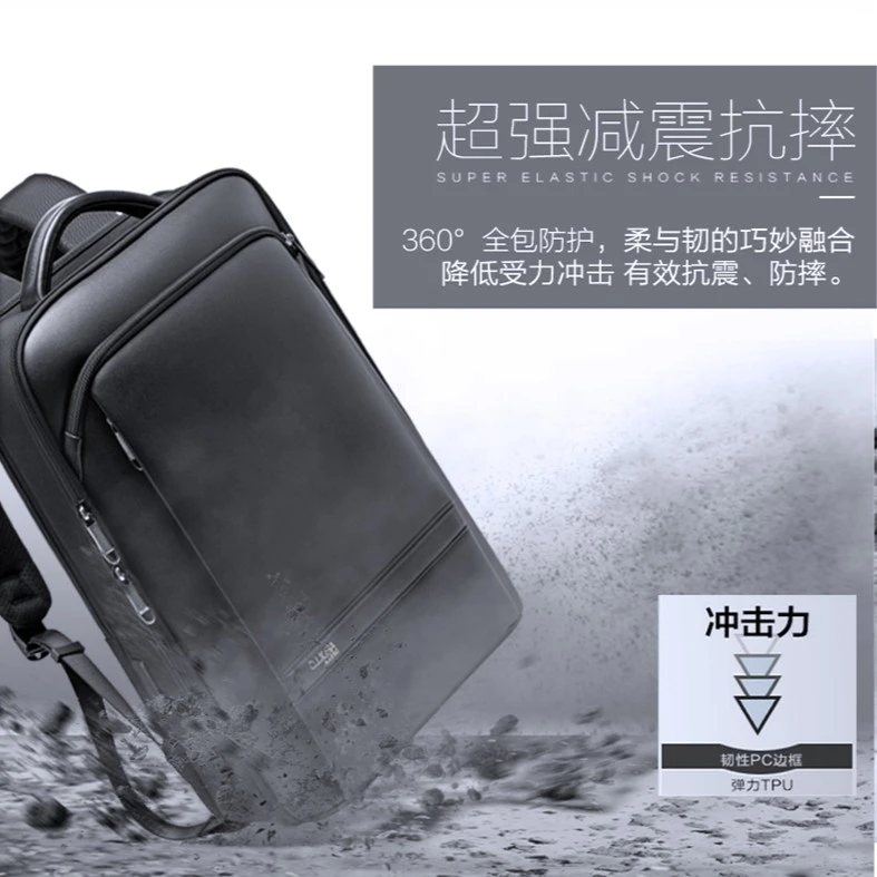 高档大气真皮减震防泼水黑色男士商务多功能便携双肩包-323008