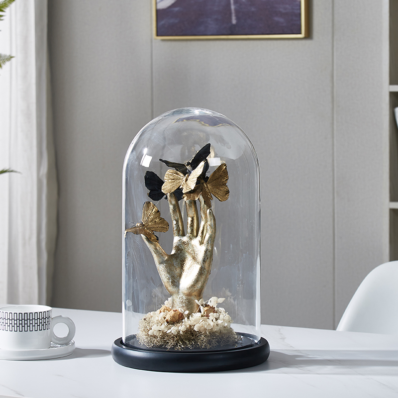 创意乐器手势蝴蝶玻璃钟罩摆件